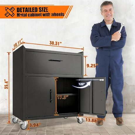 Metal Storage Cabinets Locker with Shelves and Drawer, Metal Rolling Storage Cart, Adjustable Shelf, Tool Organizer for Garage Warehouse, Black, 35" H x 30" W x 18" D Metallitrend