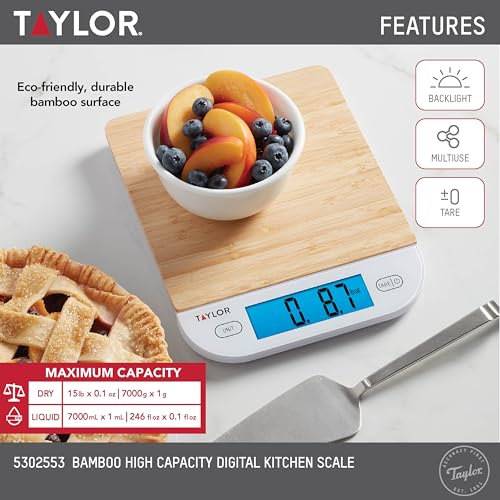 Taylor Digital Eco-Friendly Bamboo Kitchen Food Scale, 15 Pound Capacity, Natural Taylor