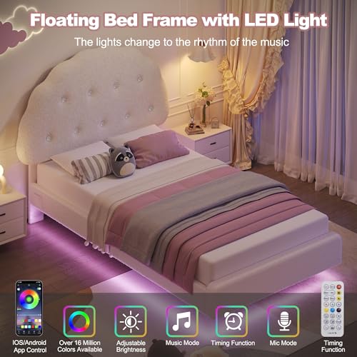 Decofy Cookie Twin Upholstered Bed Frame with LED Lights, Floating Bed Frames with Adjustable Headboard and Raised Footboard for Princess/Prince Bedroom, Teddy Velvet（White） Decofy