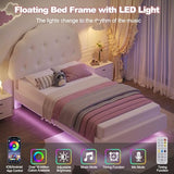 Decofy Cookie Twin Upholstered Bed Frame with LED Lights, Floating Bed Frames with Adjustable Headboard and Raised Footboard for Princess/Prince Bedroom, Teddy Velvet（White） Decofy