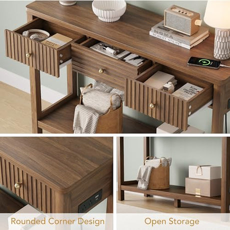 47 Inch Fluted Console Table with Outlets and USB-C Port, Mid Century Modern Sofa Table with 3 Drawers and Open Shelf, Entryway Table with Charging Station for Behind Couch, Hallway, Foyer, Walnut Decofy