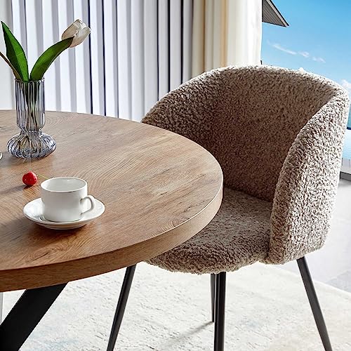NORDICANA 5 Pieces 37-Inch Round Dining Table and Upholstered Chairs for Four Person, MDF Table-top, Light Brown Fuzzy Sherpa Armchairs with Black Metal Leg for Kitchen, Reception Room NORDICANA