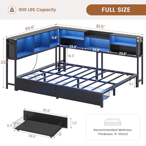 Hasuit Corner Bed Frame Full with 2 Drawers and Storage Bookcase, Daybed with Charging Station and LED Lights, Metal Platform Bed with Bookshleves, Full Size Bed Frame for Kids Teens Guests, Black Hasuit