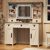 Farmhouse Makeup Vanity Desk with Sliding Mirror and Lights, 47.2" Big Vanity Table with Charging Station, Makeup Desk with 5 Drawers & 2 Cabinets, White MSmask