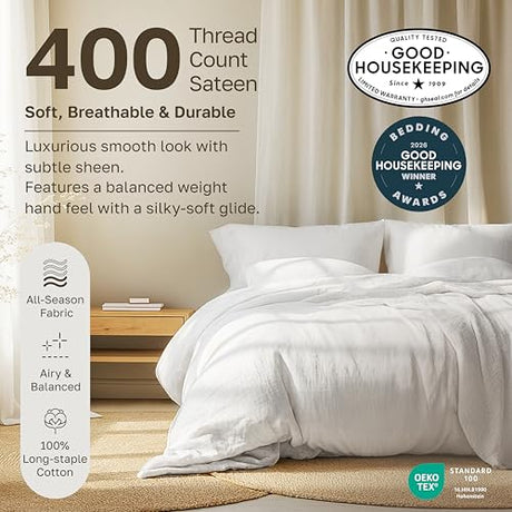 California Design Den Twin Sheets Set - Soft 400 Thread Count Sateen, Natural 100% Cotton Sheets, Deep Pockets with All Around Elastic for a Snug Fit, Durable Bedding Set - White California Design Den