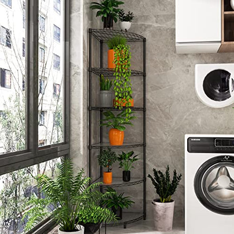 NSF 6-Tier Metal Corner Shelf Wire Shelving Unit - 420 lbs Capacity, Adjustable, with leveling feet & Waterproof Shelf Liners - Ideal for Garage, Kitchen, and More - 72" H x 18" L x 18" D - Black pouseayar