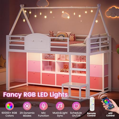 VIAGDO Twin Size Low Loft Bed with 9 Storage Drawers, Bookcase and LED Lights, House-Shaped Metal Twin Loft Bed with Step Stool and Safety Guardrail, Kids Loft Bed with Under-Bed Play Space, White VIAGDO