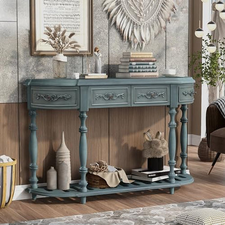 Knocbel Vintage Entry 4-Drawer Console Table with Open Slatted Shelf, Entryway Hallway Foyer Sofa Table with Legs, 52" W x 13" D x 32" H (Antique Blue) Knocbel