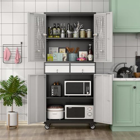 Aobabo 71" H 2 Drawer Metal Storage Cabinet with Wheels and 4 Pegboards,Lockable Steel Garage Storage Cabinet with 2 Adjustable Shelves,Black Sliver,Assembly Required Aobabo