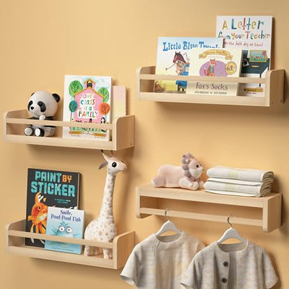 Boswillon Handcrafted Dual-Guard Floating Shelves Set of 4 in Natural Wood for Nursery and Versatile Wall Storage - WoodArtSupply