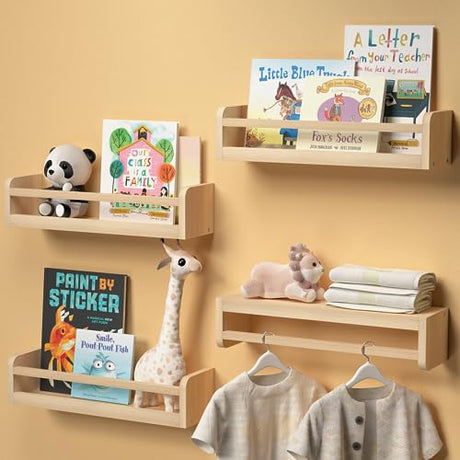 Boswillon Handcrafted Dual-Guard Floating Shelves Set of 4 in Natural Wood for Nursery and Versatile Wall Storage Boswillon