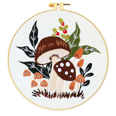 Zhenqing Woodland Mushroom Embroidery Kit for Beginners - 29x29cm Printed Fabric with Hoop & Full Tools(S-CX0910) Zhenqing