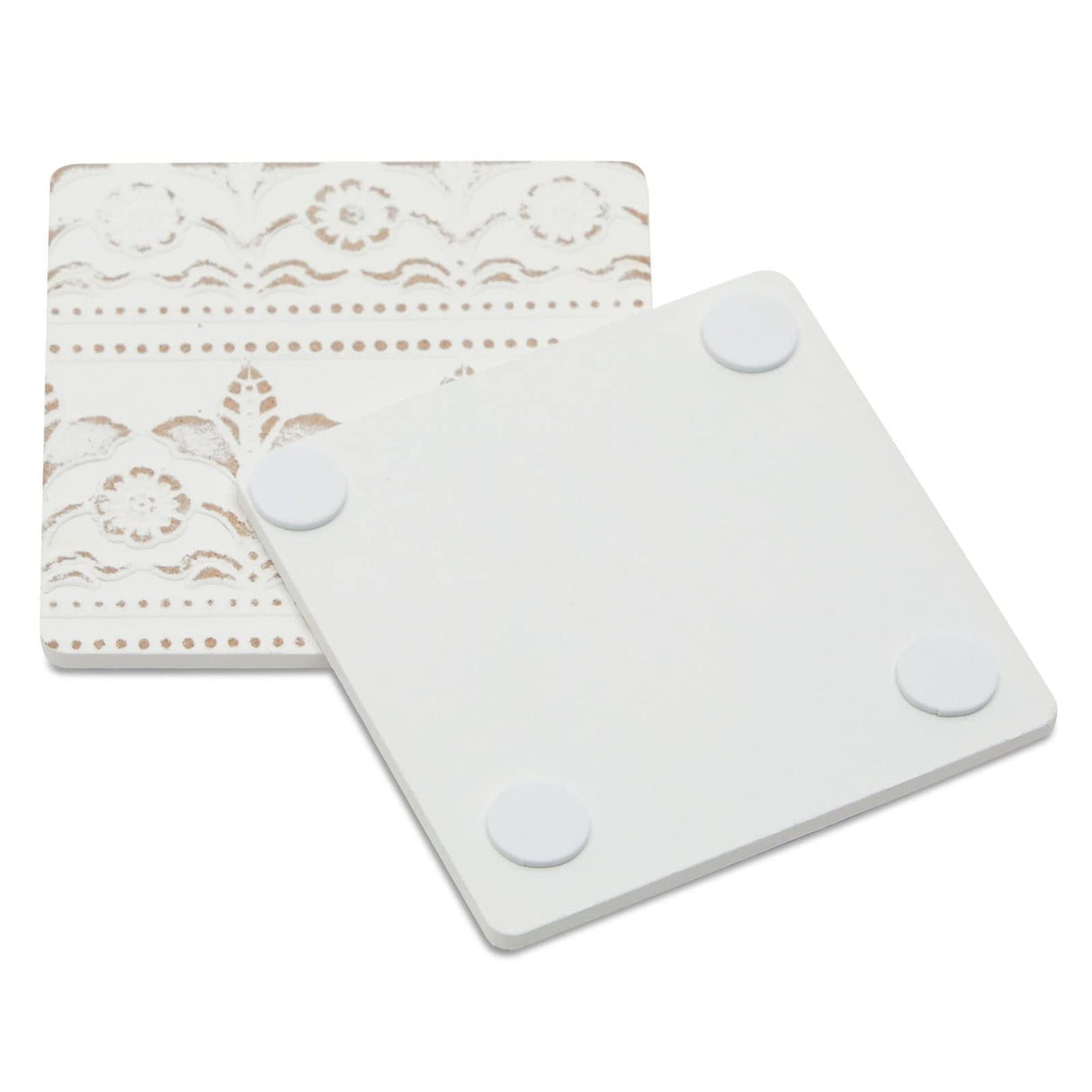 Juvale Set of 6 White Wooden Coasters with Holder for Drinks, Coffee Table, and Floral Farmhouse Decor (3.8 Inches) Juvale