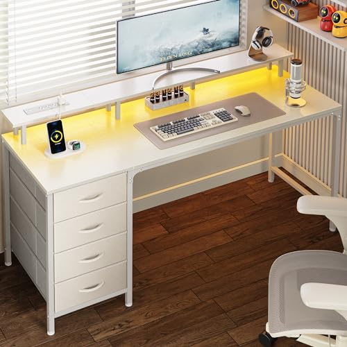 Huuger 55 Inch Computer Desk with Power Outlets and LED Lights, Gaming Desk with 4 Drawers, Office Desk with Monitor Stand, Study Desk Work Desk for Home Office, White - WoodArtSupply