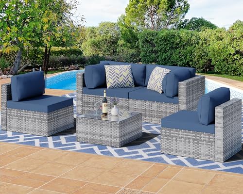 Shintenchi 5 Pieces Outdoor Patio Sectional Sofa Couch, Silver Gray PE Wicker Furniture Conversation Sets with Washable Cushions & Glass Coffee Table for Garden, Poolside, Backyard (Aegean Blue) Shintenchi