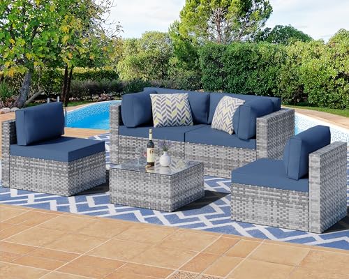 Shintenchi 5 Pieces Outdoor Patio Sectional Sofa Couch, Silver Gray PE Wicker Furniture Conversation Sets with Washable Cushions & Glass Coffee Table for Garden, Poolside, Backyard (Aegean Bl - WoodArtSupply