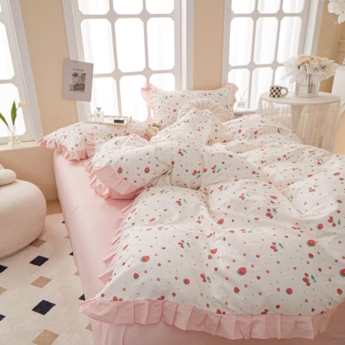 HighBuy Strawberry Print Comforter Set Twin XL Cute Fruit Bedding Set Ruffle Comforter with 2 Pillowcases Fluffy Reversible College Girl Bedding Comforter Set for All Seasons HighBuy