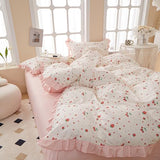HighBuy Strawberry Print Comforter Set Twin XL Cute Fruit Bedding Set Ruffle Comforter with 2 Pillowcases Fluffy Reversible College Girl Bedding Comforter Set for All Seasons HighBuy