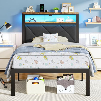 ChicZhiNest Twin Size Bed Frame with 2 Tier Upholstered Storage Headboard and Under Bed Storage,Platform Bedframe with LED Lights and Charging Station, No Box Spring Needed,Easy Assembly,Grey