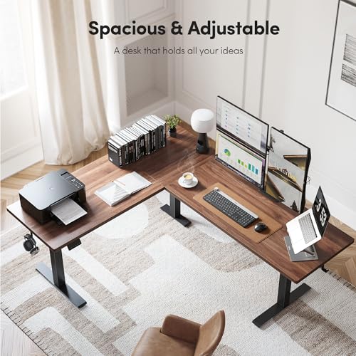 FEZIBO 63" x 55"L Shaped Standing Desk Adjustable Height, 63 Inch Electric Stand up Corner Computer Desk, Sit Stand Home Office Desk with Splice Board, Black Frame/Black Walnut Top FEZIBO