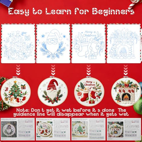 QCCTPUU 4 Sets Christmas Embroidery Kits, Beginner Embroidery Kit for Adults, Cross Stitch Kits for Beginners with Hand Embroidery Tools(Instructions, Needles, Threads QCCTPUU