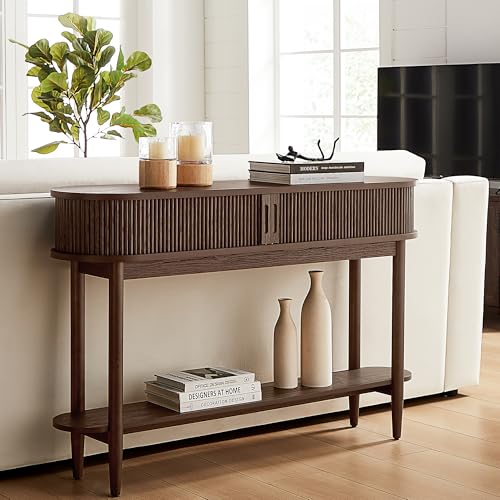 LINSY HOME Fluted Console Table, Mid-Century Modern Entryway Cabinet with Sliding Tambour Doors, Narrow Long Sofa Table, Behind-The-Couch Table for Living Room, Hallway (Brown Oak) LINSY HOME
