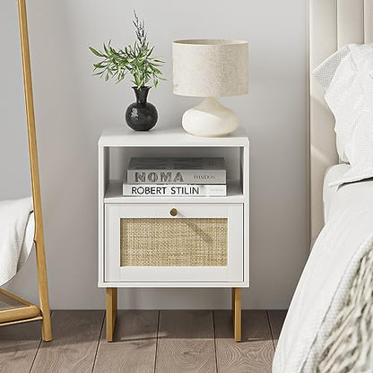 Masupu Rattan Nightstand,Modern Boho Farmhouse Wood Bedside Table with Storage Drawer and Open Shelf,Small Gold Frame Side End Table for Bedroom,Living Room,Office(White) - WoodArtSupply