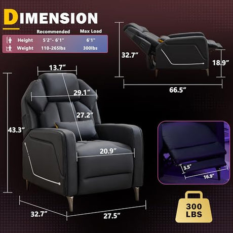 BIAOZHIKE Gaming Recliner Chair with LED Lights Racing Style Big and Tall PU Leather Gaming Chair for Adults Lumbar Support Modern Ergonomic Comfortable Home Theater Seating for Living Room (Black) BIAOZHIKE