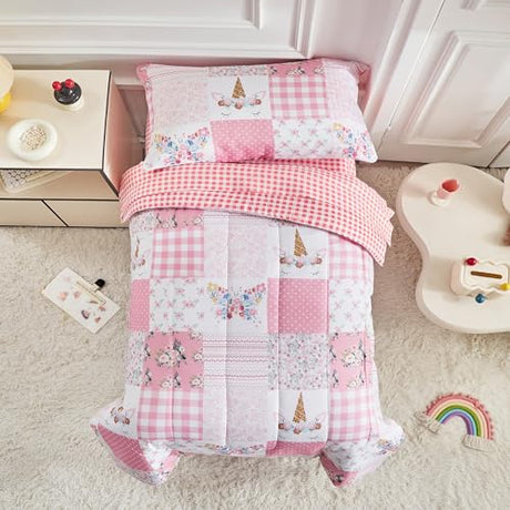 Joyreap 4 Piece Toddler Bedding Set for Girls- Pink Butterflies n Flowers Patchwork Toddler Comforter Set, Includes Quilted Comforter, Fitted Sheet, Top Sheet, and Pillow Case Joyreap