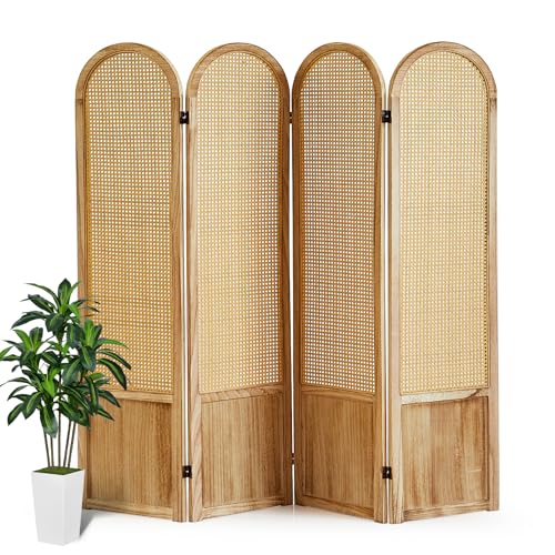 Asnefeli Room Divider 4 Panel, Folding Privacy Screen, Foldable Wood Divider Room Dec, Rattan Room Divider, Portable Partition Screen, Wall Divider for Room Separation Bedroom Home Office (Natural) Asnefeli