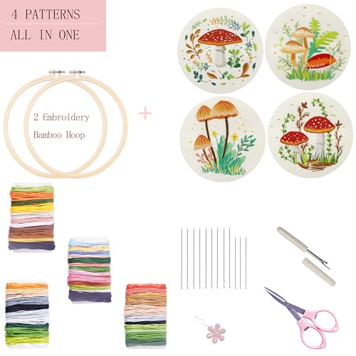 Bonroy 4 Sets Embroidery Kit for Beginners with Instructions,Cross Stitch Kits for Adults with Pattern,Needlepoint Kits for Adult Include Embroidery Cloth Hoops Needles Threads(Mushroom)