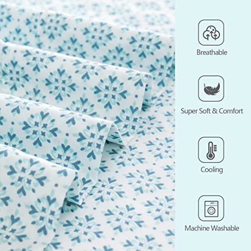 KACEMOO Twin Bed Sheet Set Printed Blue Floral Pattern Cooling 1800 Microfiber Deep Pocket, Hotel Luxury, Super Soft, Breathable, Hypoallergenic, Wrinkle Free, Single Bedding for Kids - (Cyan & Boho) KACEMOO