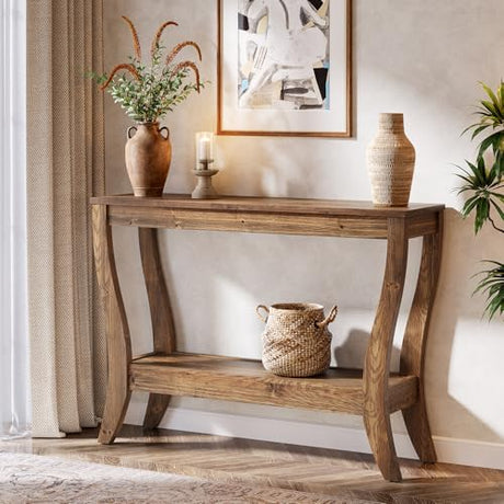 TRIBEWOOD Solid Wood Console Table with Storage, 41.3-Inch Farmhouse Entryway Table with Shelf, 2-Tier Wooden Sofa Table for Living Room, Hallway, Foyer, Brown TRIBEWOOD