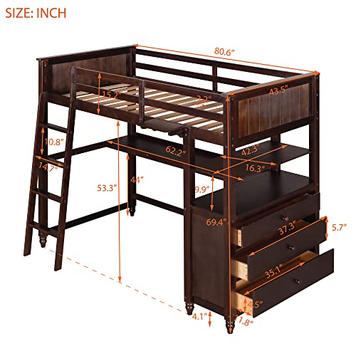 Twin Size Loft Bed with Desk and Drawers, Solid Wood Loft Bed with Storage Shelves for Kids Teens Adults - Espresso - WoodArtSupply