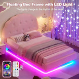 Lynxor Teddy Velvet Twin Size Bed Frame with LED Lights, Cookie Floating Platform Bed Frame, Adjustable Headboard and Elevated Footboard, Noise Free,Princess Room Upholstered Bed Frame, (Pink) Lynxor