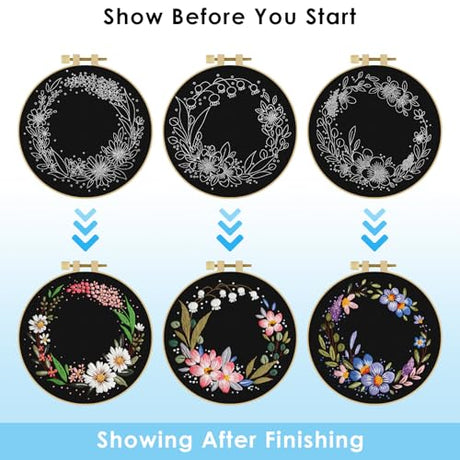 ERKOON 3 Sets Embroidery Kit, Floral Cross Stitch Set for Include Embroidery Cloth Hoops Threads for Craft Lover Hand Stitch (Garlands) ERKOON