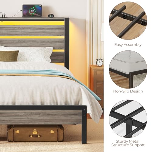 Rolanstar Bed Frame Twin Size with USB Charging Station, LED Bed Frame with Wood Storage Headboard, Light Grey Metal Platform Bed with Under Bed Storage, No Box Spring Needed, Noise Free Rolanstar