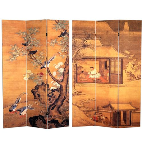 Oriental Furniture 6 ft. Tall Double Sided Chinese Landscapes Canvas Room Divider,Brown Red Lantern