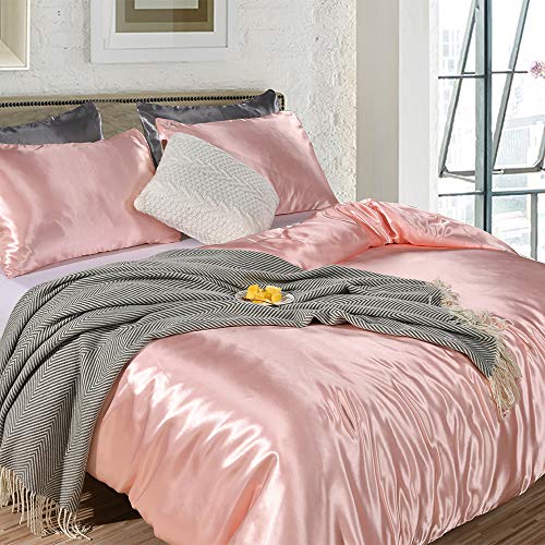 Erosebridal Hotel Pink Duvet Cover Twin/Single Silk Like Satin Bedding Set Summer Reversible Quilt Comforter Cover Honeymoon Sexy Luxury Soft Lightweight Brushed Bedspreads for Farmhouse Room Decor Erosebridal