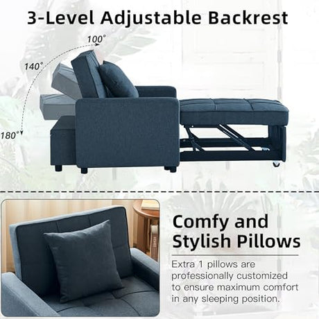 Homotive Sleeper Sofa Bed 3-in-1 Sleeper Chair Pull Out Bed, Futon Couch, Convertible Sofa Bed with Reclining Backrest, 35.6" (Blue) Homotive