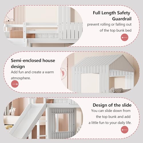 Harper & Bright Designs House Floor Bunk Beds with Slide, Wooden Twin Over Full Bunk Beds with Slide, Roof and Guard Rail for Kids, Teens, No Box Spring Needed (White, Twin Over Full Size) Harper & Bright Designs