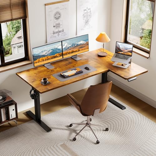 OffiGo Electric L Shaped Standing Desk, 55 Inches Height Adjustable Table, Reversiable Corner Stand Up Desk, Lifting Computer Table for Home Office, Computer Workstation, Rustic Brown OffiGo