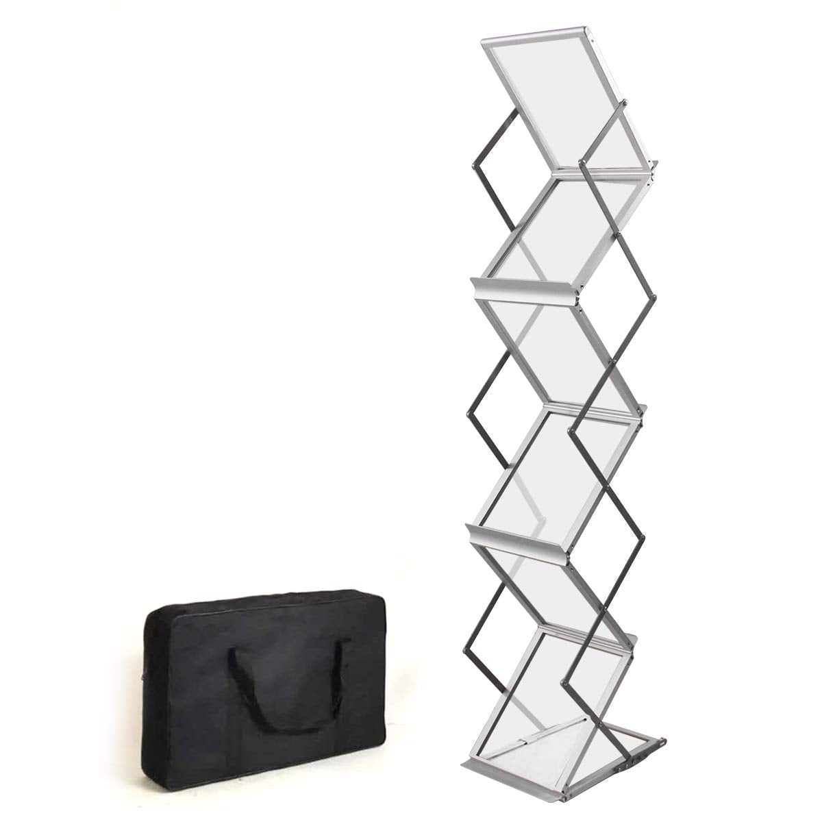 HUAZI Foldable Aluminum Magazine Rack, Portable Pop-up Display Stand, 6 Pockets, A4 Size, for Trade Shows, Office, Retail Store HUAZI