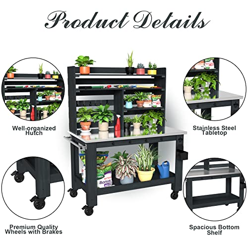 GDLF Potting Bench Table Large Outdoor Kitchen Island Prep Station with Stainless Steel Top Waterproof Cover, Hardwood, 66.9" H GDLF