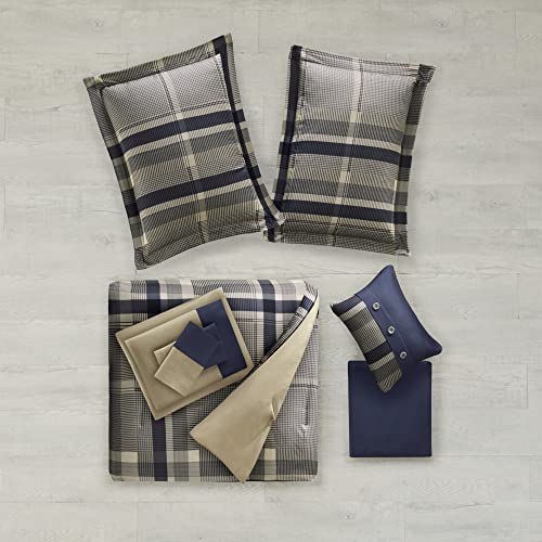 Intelligent Design Robbie 7-Piece Twin XL Comforter Set – Lightweight All-Season Plaid Bedding, Navy/Tan, Cozy Bed-in-a-Bag with Matching Shams & Decorative Pillow, Modern Casual Style Intelligent Design