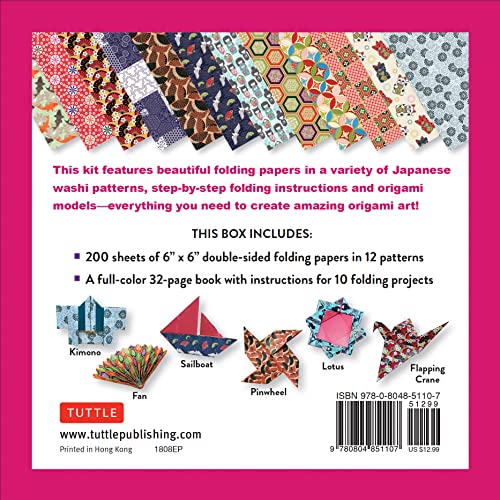 Origami Paper in a Box - Japanese Washi Patterns: 200 Sheets of Tuttle Origami Paper: 6x6 Inch Origami Paper Printed with 12 Different Patterns: 32-page Instructional Book of 10 Projects WoodArtSupply
