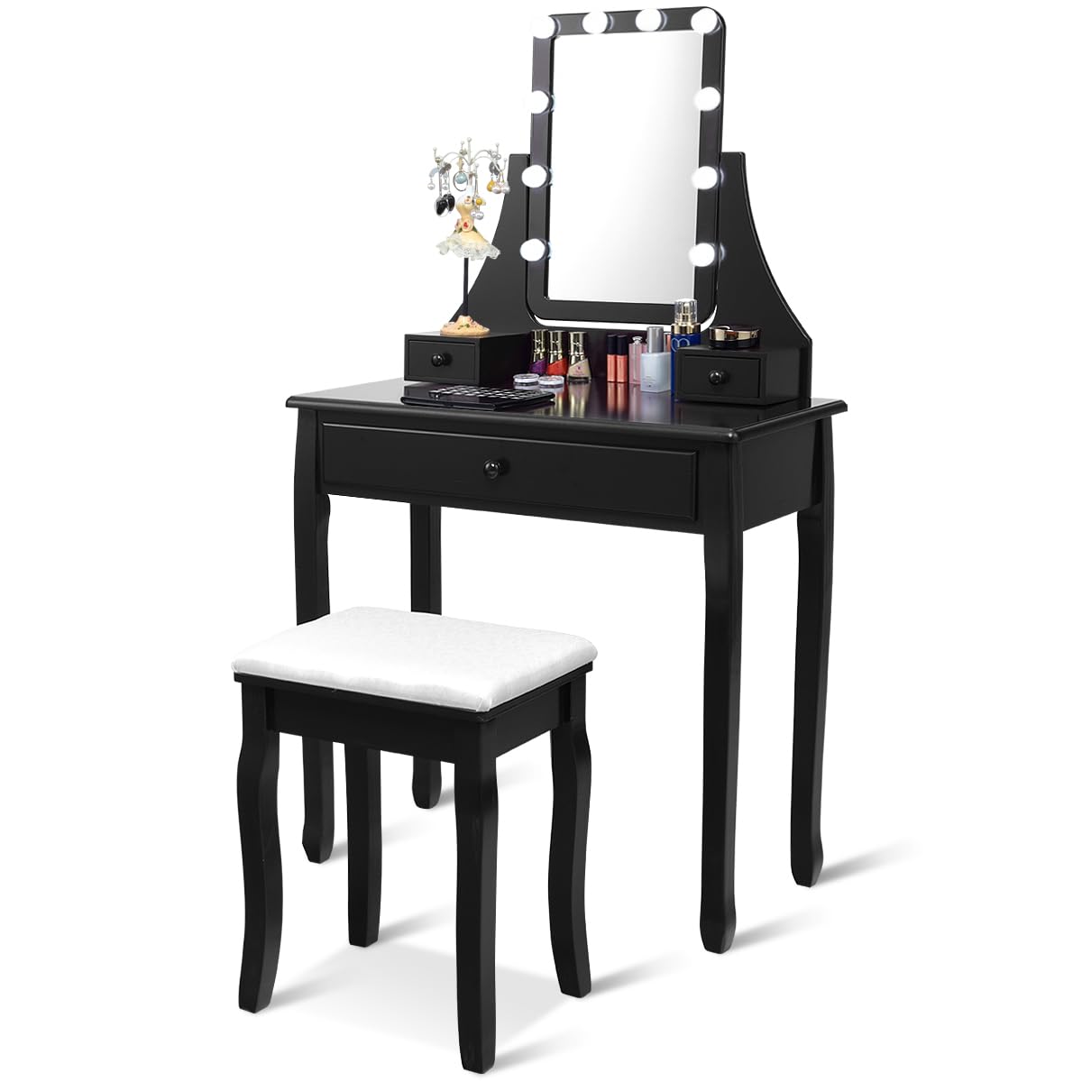 CHARMAID Vanity Set with Lighted Mirror, Makeup Table with 10 LED Dimmable Bulbs, 3 Lighting Sets, 3 Drawers, Bedroom Dressing Table Vanity Desk with Cushioned Stool for Women Girls (Black) - WoodArtSupply