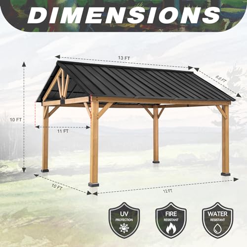 Meetleisure Wood Gazebo 13' x 11' Wood Patio Gazebo Cedar Framed Gazebo with Steel Frame Gable Roof Hardtop Gazebo for Patio Garden Lawn Backyard - WoodArtSupply