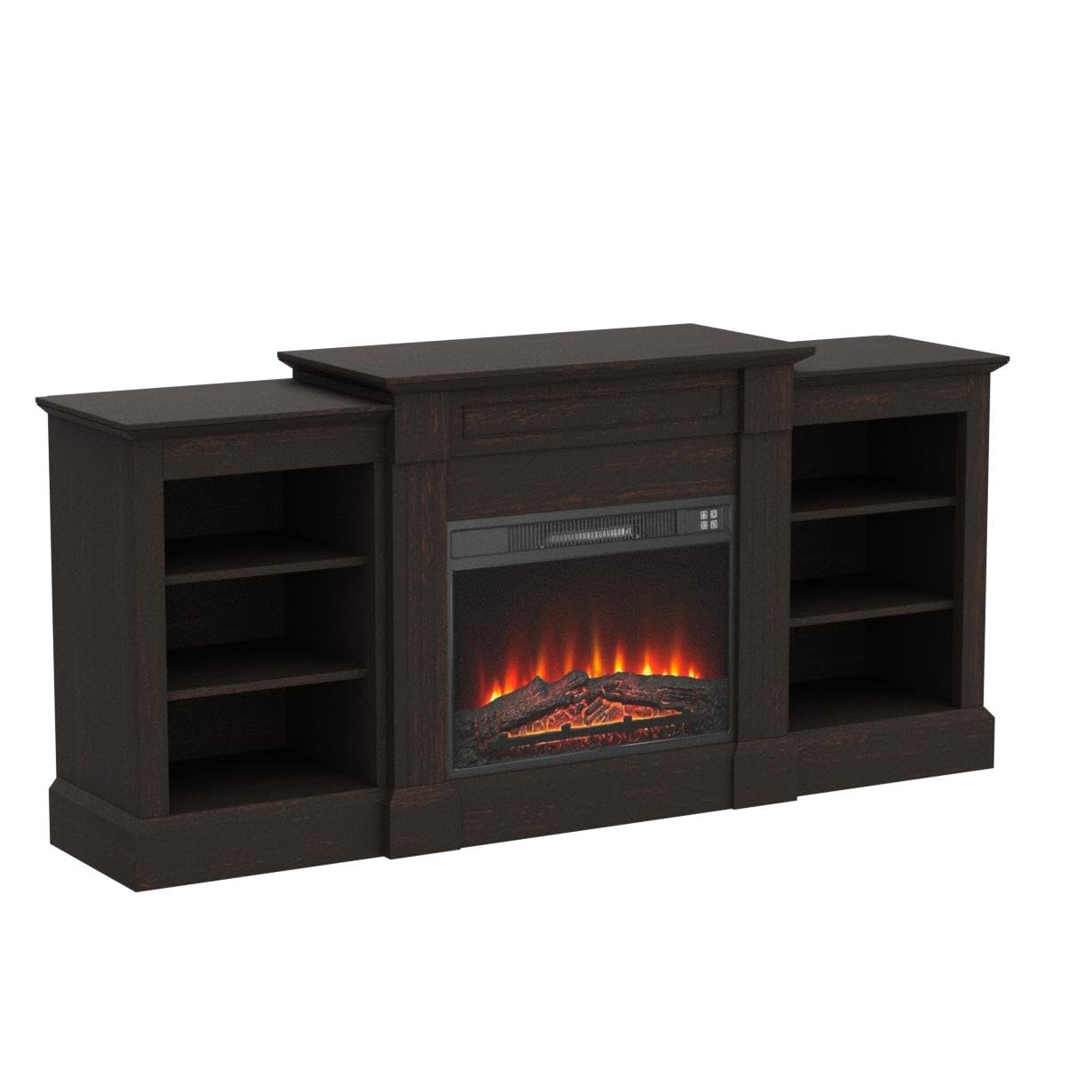 BELLEZE Modern 66" Electric Fireplace Heater Mantel TV Stand & Media Entertainment Center for TVs up to 66" with Energy-Efficient Heater With Sound and Side Shelves - Lenore (Brown)