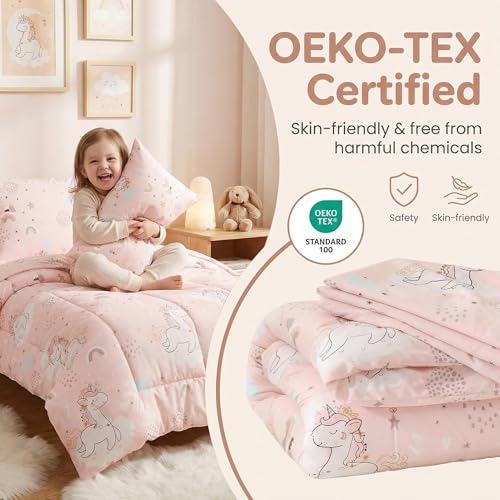 JSD Pink Unicorn Toddler Bedding Set, 4 Piece Bed-in-a-Bag Toddler Microfiber Comforter Sheet Set, All Season Machine Washable JSD